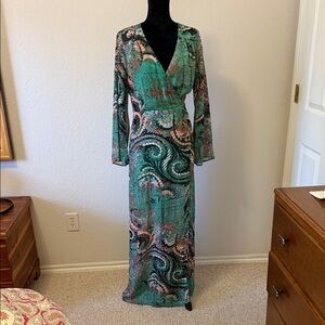 Beige by eci Teal and Pink Long Sleeve Maxi Dress